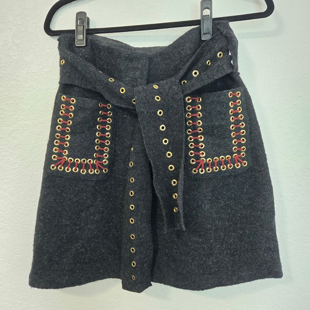 Anthropologie Rosie Neira Wool Blend Mini Skirt Belted Eyelet Dark Gray S